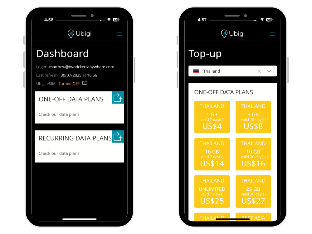 ubigi esim app dashboard and top up